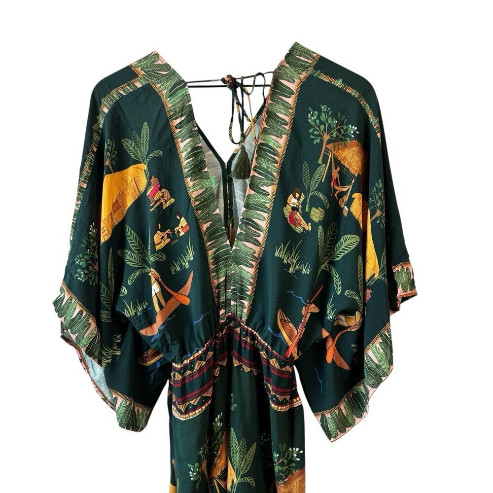 Farm‎ Rio Womens Dress Green Medium Yawanawa Indigenous Hut Print Rare Viscose - Picture 12 of 15